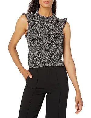 Adrianna Papell Women's Ruffle Mock Neck Tank, Black Abstract Spots, Small
