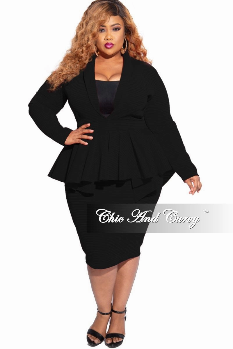 New Plus Size Deep V Neck Peplum BodyCon Dress in Black Striped Scuba Fabric Reinforced Seams Core Essential