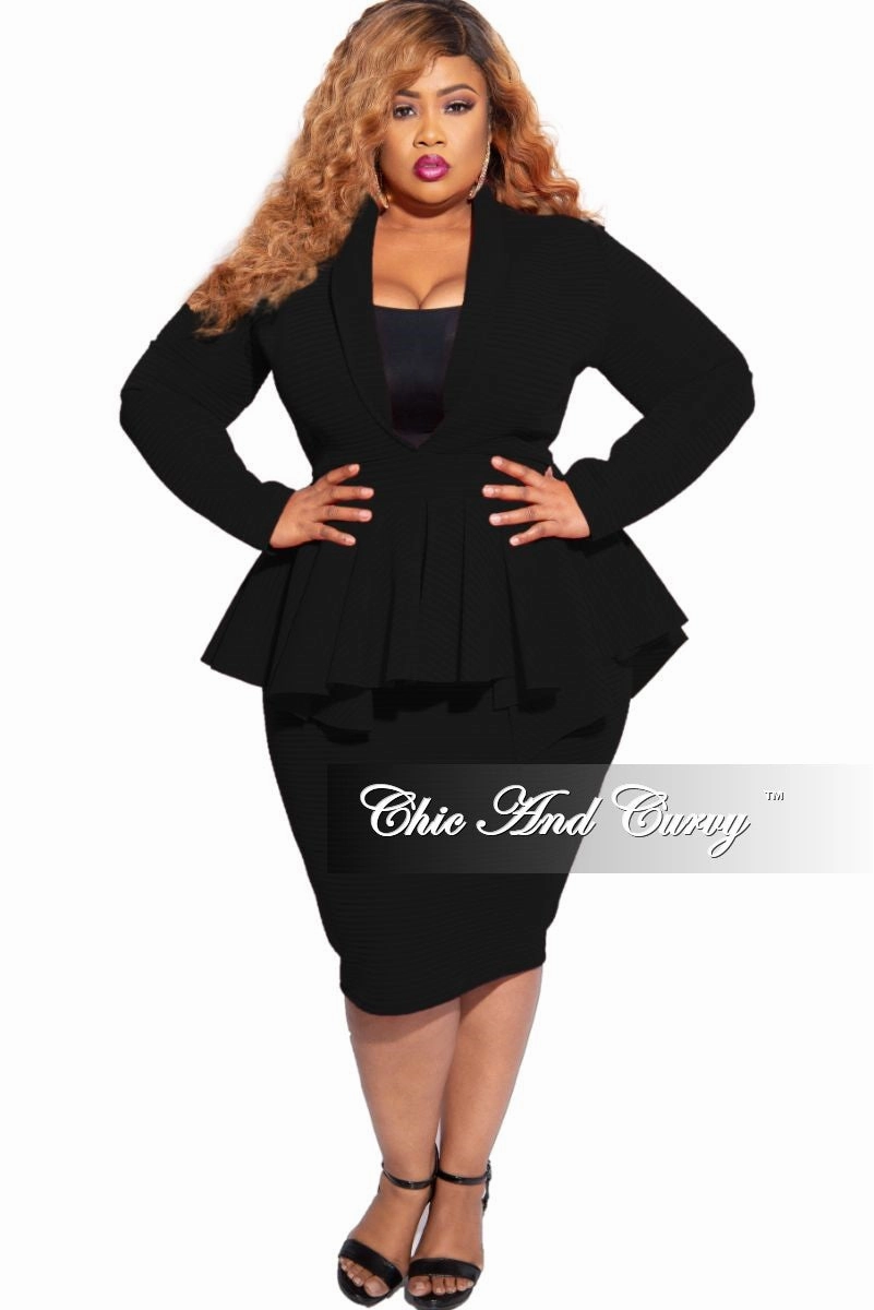 Durable Material New Plus Size Deep V Neck Peplum BodyCon Dress in Black Striped Scuba Fabric