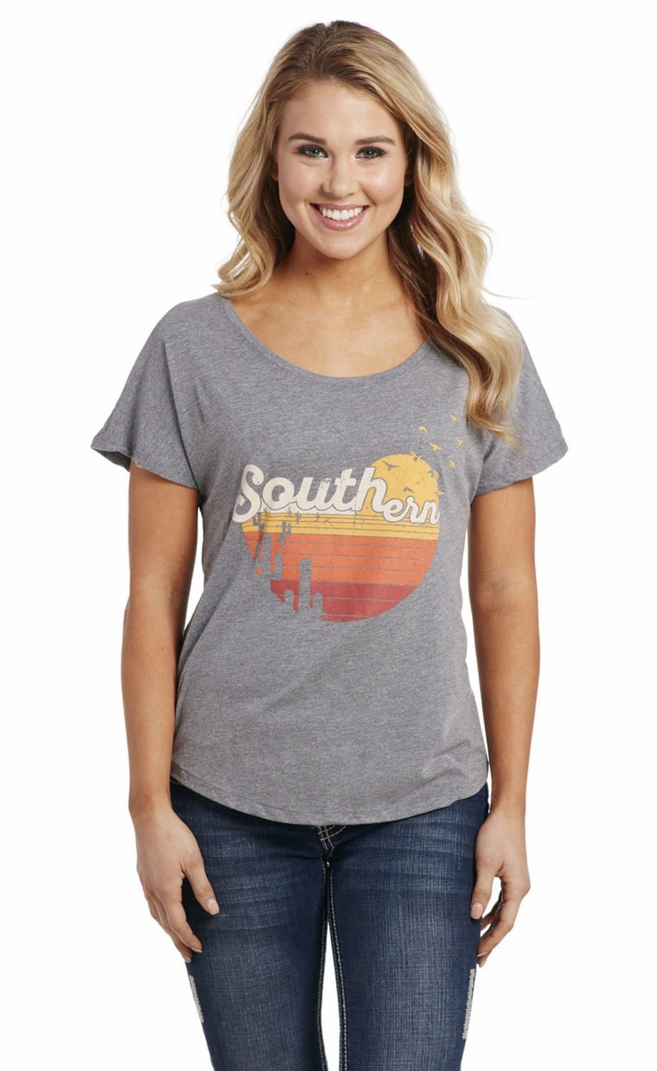Cowgirl Up Womens Southern Scoop Heather Grey Cotton Blend S/S T-Shirt Reinforced Elasticity