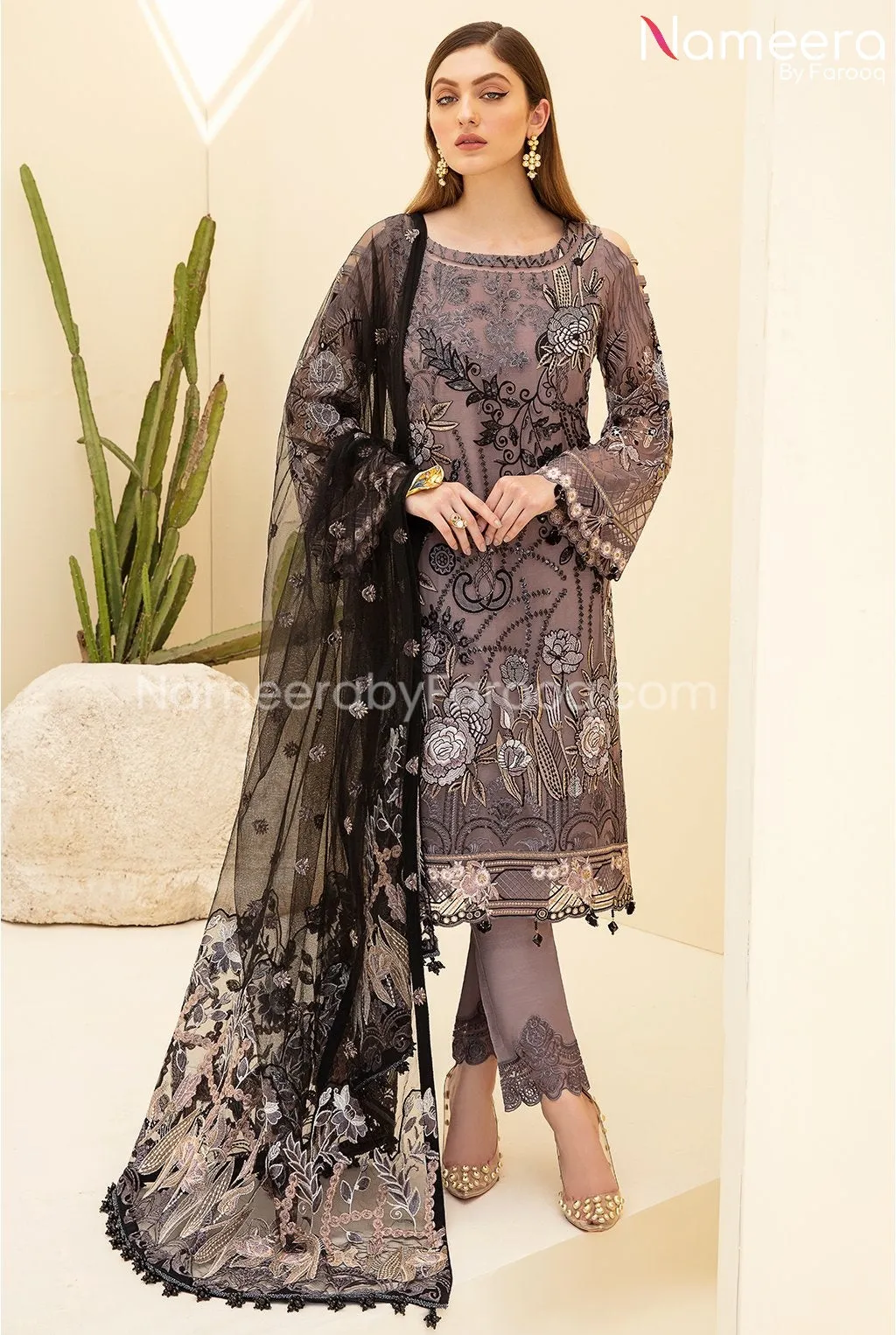 Agha Noor Embroidered Chiffon Dress Tea Pink #PF94