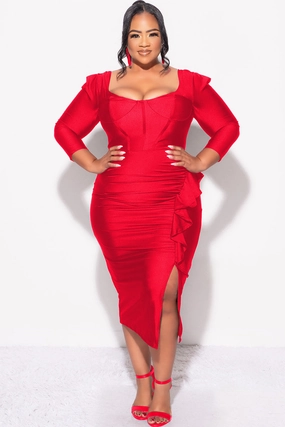 Sporty Function Final Sale Plus Size Shiny BodyCon Dress with Side Ruffle and Front Slit in Red