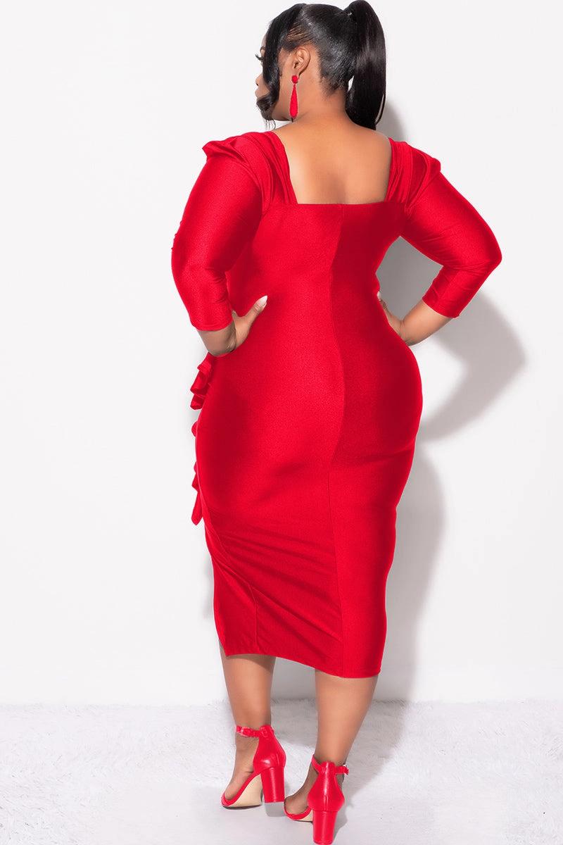 Final Sale Plus Size Shiny BodyCon Dress with Side Ruffle and Front Slit in Red Chilly Weather Flexible Knee Articulation