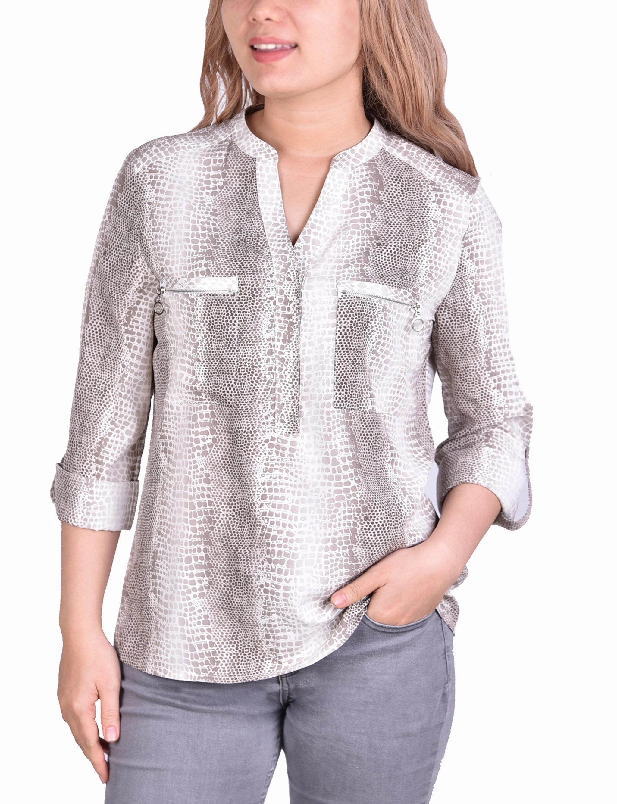 3/4 Roll Tab Sleeve Pullover Blouse FourWay Stretch