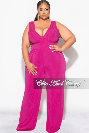 Final Sale Plus Size Sleeveless Faux Wrap Jumpsuit in Fuchsia Slinky Fabric Ultra Soft Inner Layer