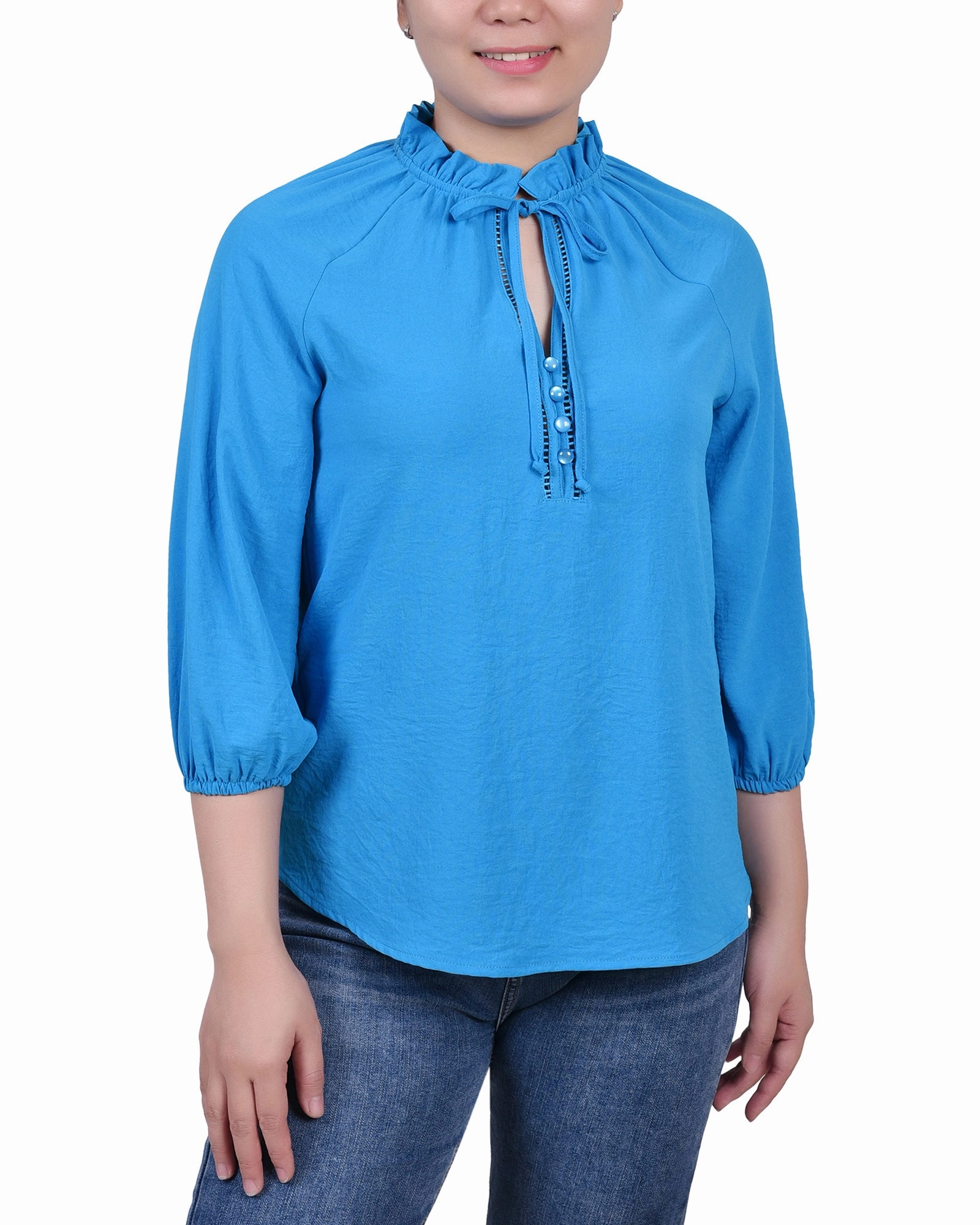 Hydrophobic Surface Treatment Petite 3/4 Sleeve Ruffle Neck Blouse