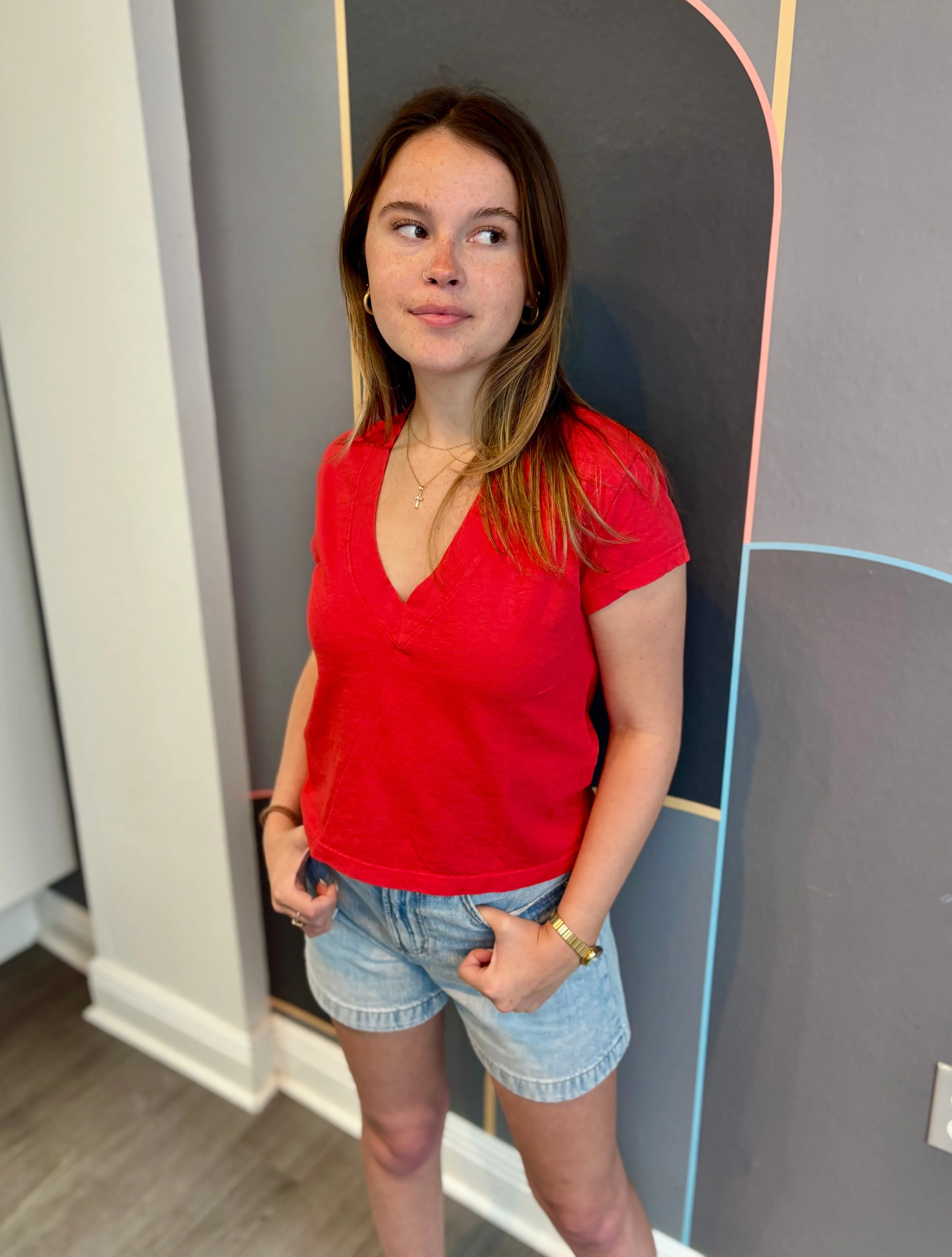 Comfort Wearable Alanis Recycled Cotton V Neck - Poppy Red