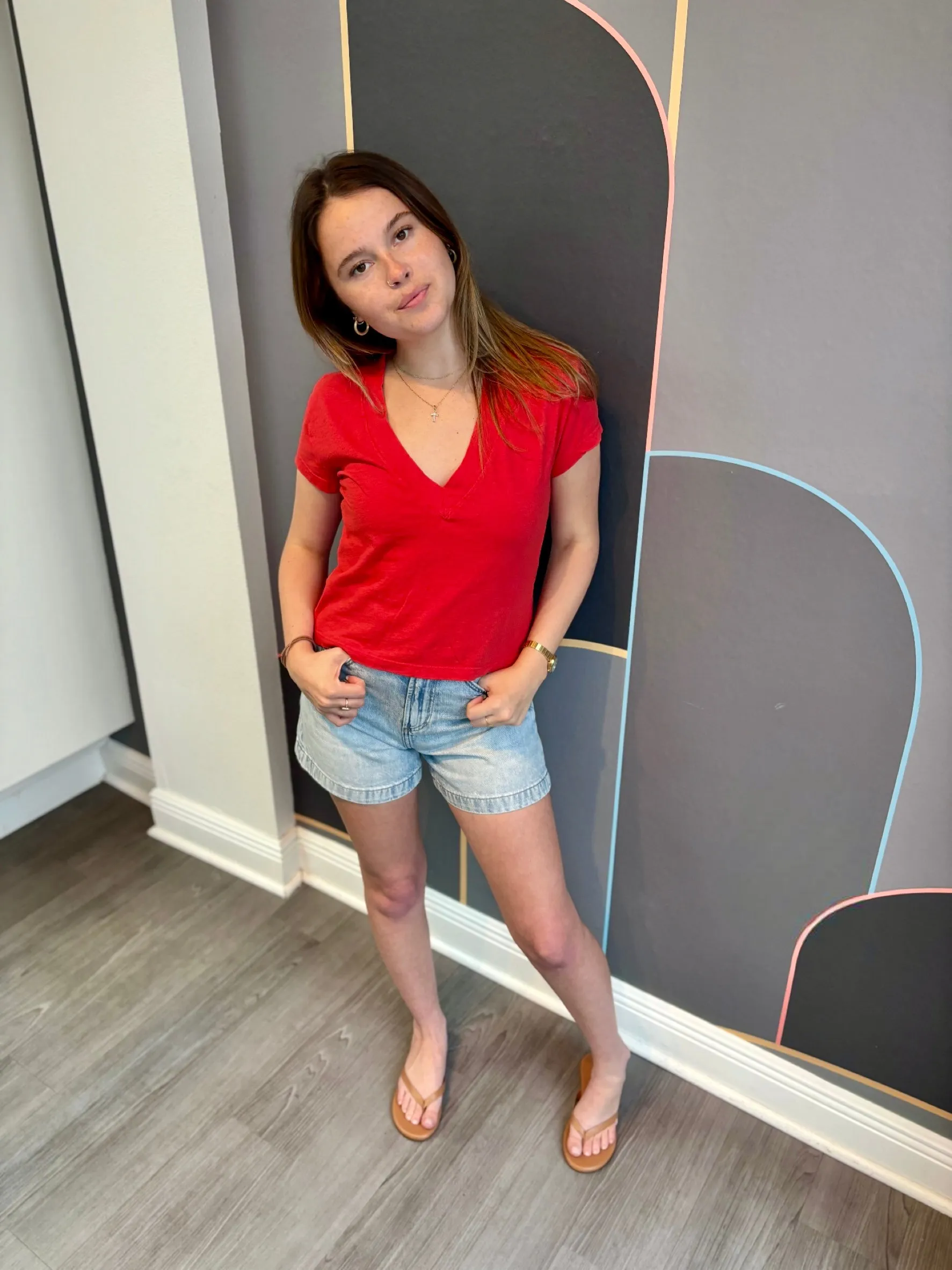 Alanis Recycled Cotton V Neck - Poppy Red Tapered Cut Adjustable Cuff