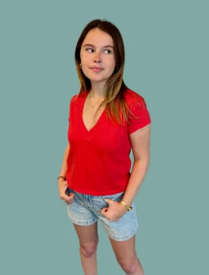 SlubTexture Alanis Recycled Cotton V Neck - Poppy Red