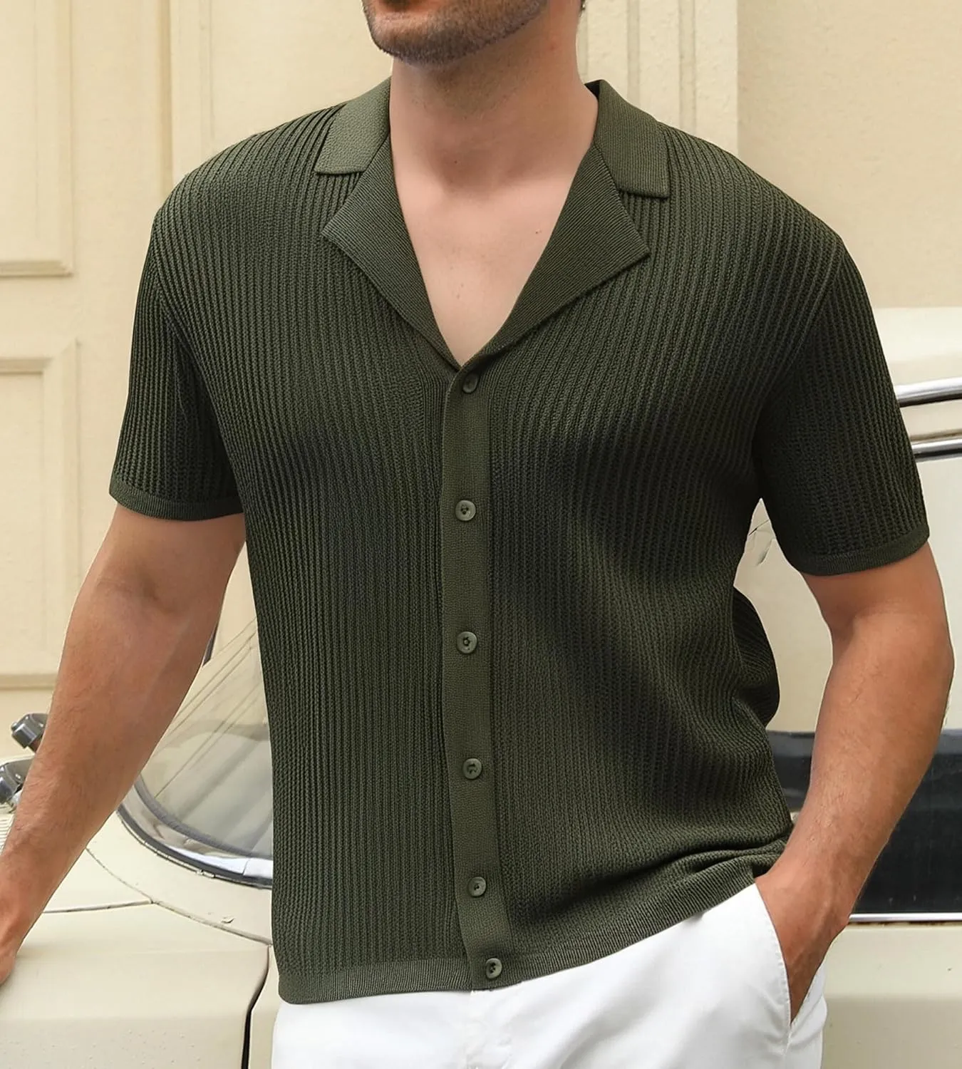 Alex Vando Mens Knitted Dress Shirts Camp Collar Jacquard Short Sleeve Shirt for Men