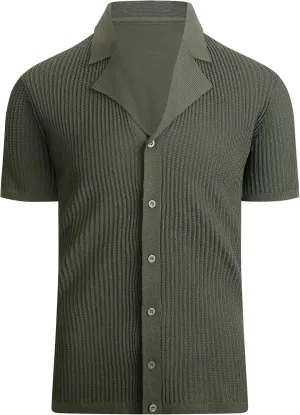 Alex Vando Mens Knitted Dress Shirts Camp Collar Jacquard Short Sleeve Shirt for Men
