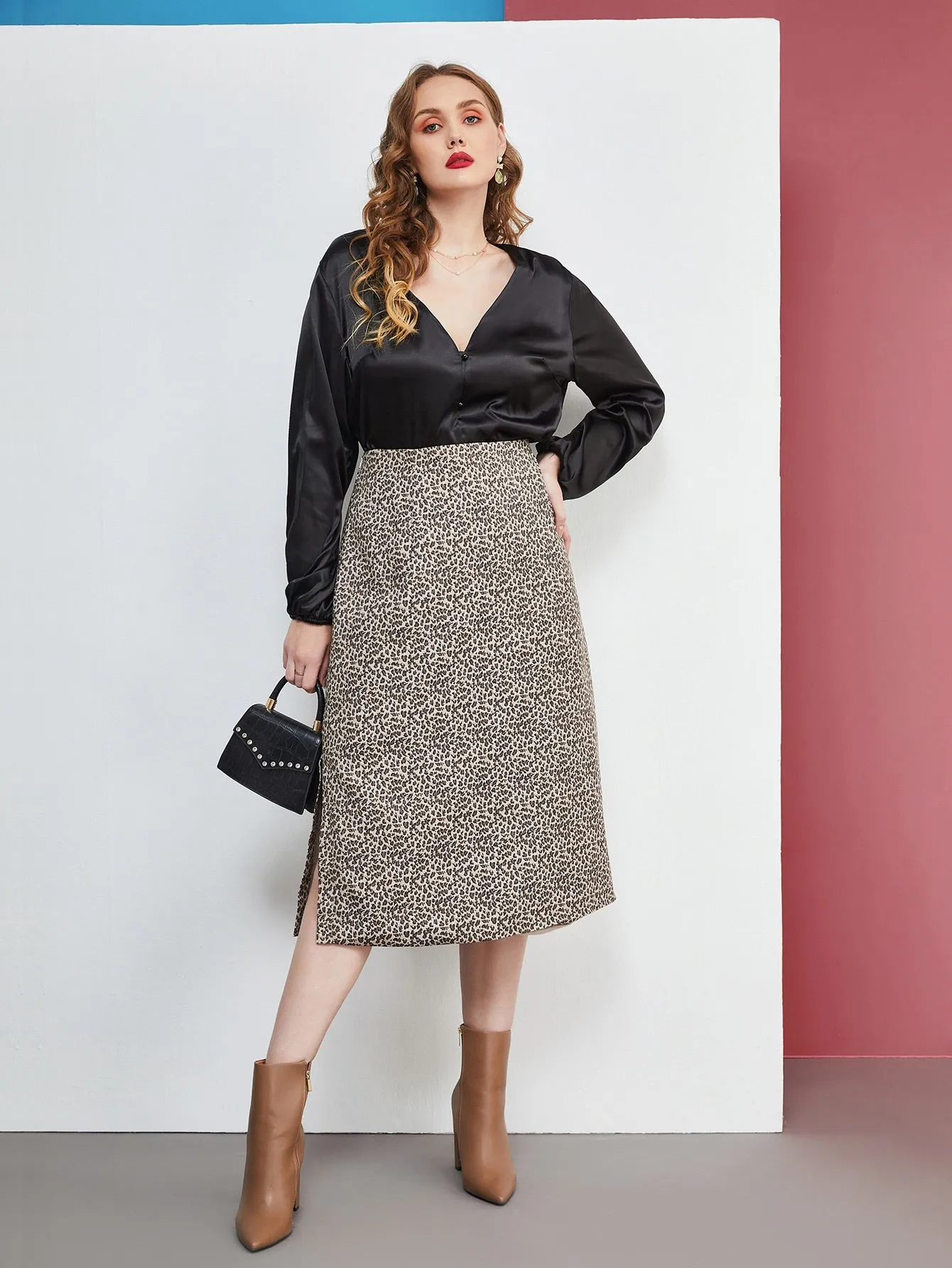 All Over Print Split Midi Plus Size Skirt