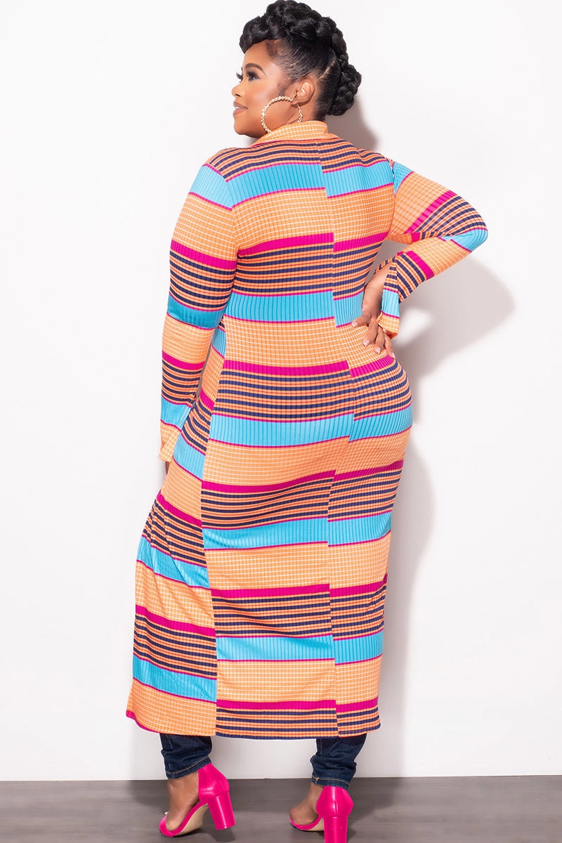 Snug Waist Breathable Material Final Sale Plus Size Ribbed Collar Button Up High-Low Top in Orange Multi Color Print