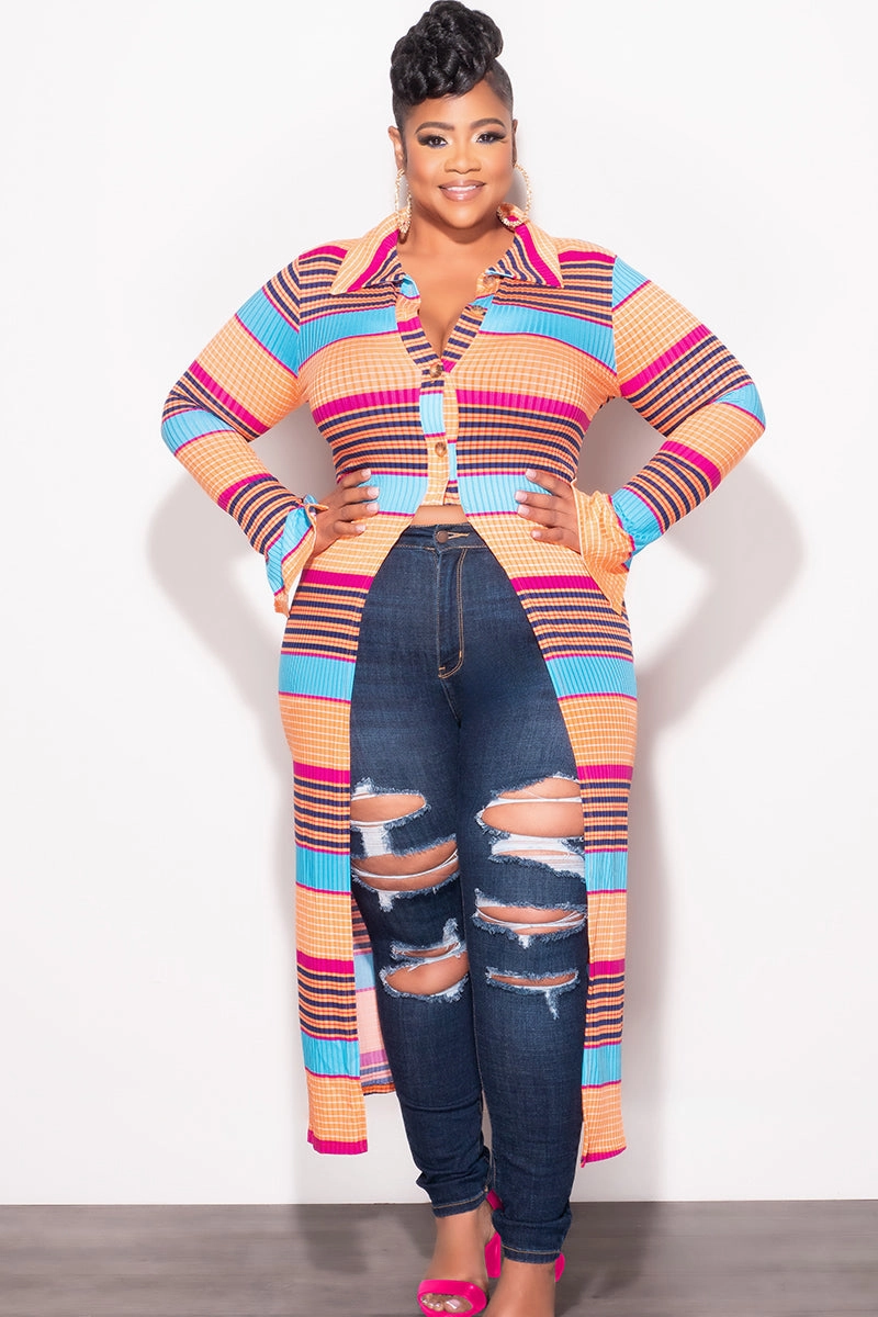 Tear Resistant Fabric Final Sale Plus Size Ribbed Collar Button Up High-Low Top in Orange Multi Color Print