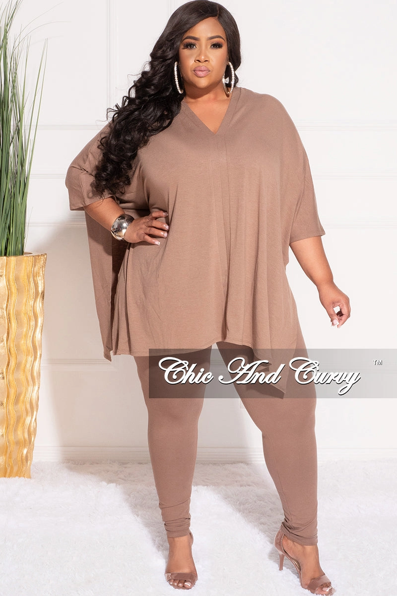 Tear Resistant Final Sale Plus Size 2pc V Neck Tunic Top and Matching Legging Set in Brown