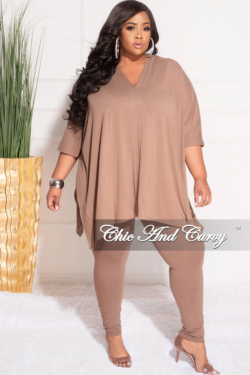 Bootcut shape Final Sale Plus Size 2pc V Neck Tunic Top and Matching Legging Set in Brown