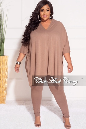 Final Sale Plus Size 2pc V Neck Tunic Top and Matching Legging Set in Brown Loose Design