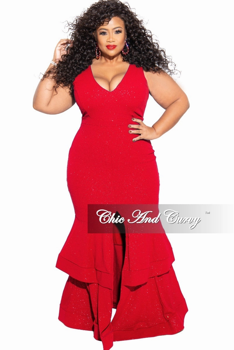 Final Sale Plus Size Ruffle Bottom Glitter Maxi Dress in Red Easy Care Fabric Finish