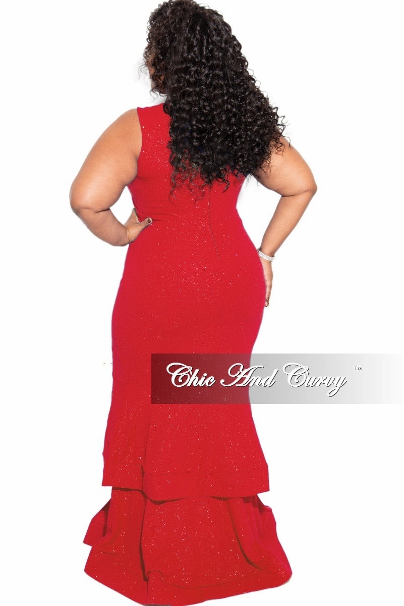 Durable Material Final Sale Plus Size Ruffle Bottom Glitter Maxi Dress in Red
