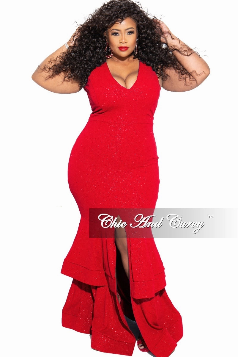 Final Sale Plus Size Ruffle Bottom Glitter Maxi Dress in Red Breathable Performance Wear