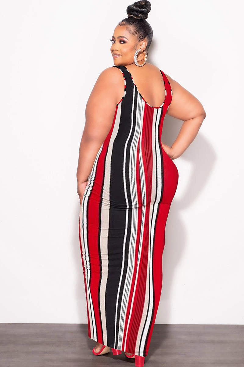 Fashion Forward Final Sale Plus Size Sleeveless Maxi Dress with Waist Tie in Red Black and White Stripe Print
