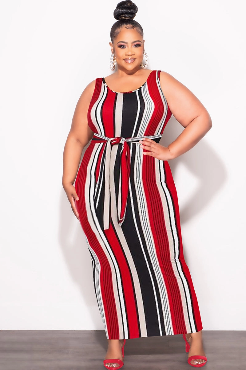 Shape Flex Final Sale Plus Size Sleeveless Maxi Dress with Waist Tie in Red Black and White Stripe Print