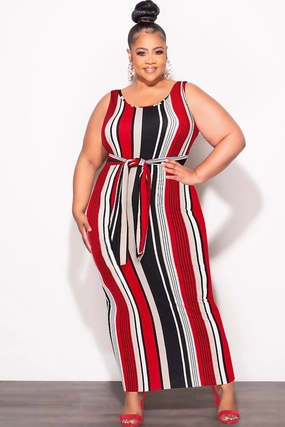 Shape Flex Final Sale Plus Size Sleeveless Maxi Dress with Waist Tie in Red Black and White Stripe Print