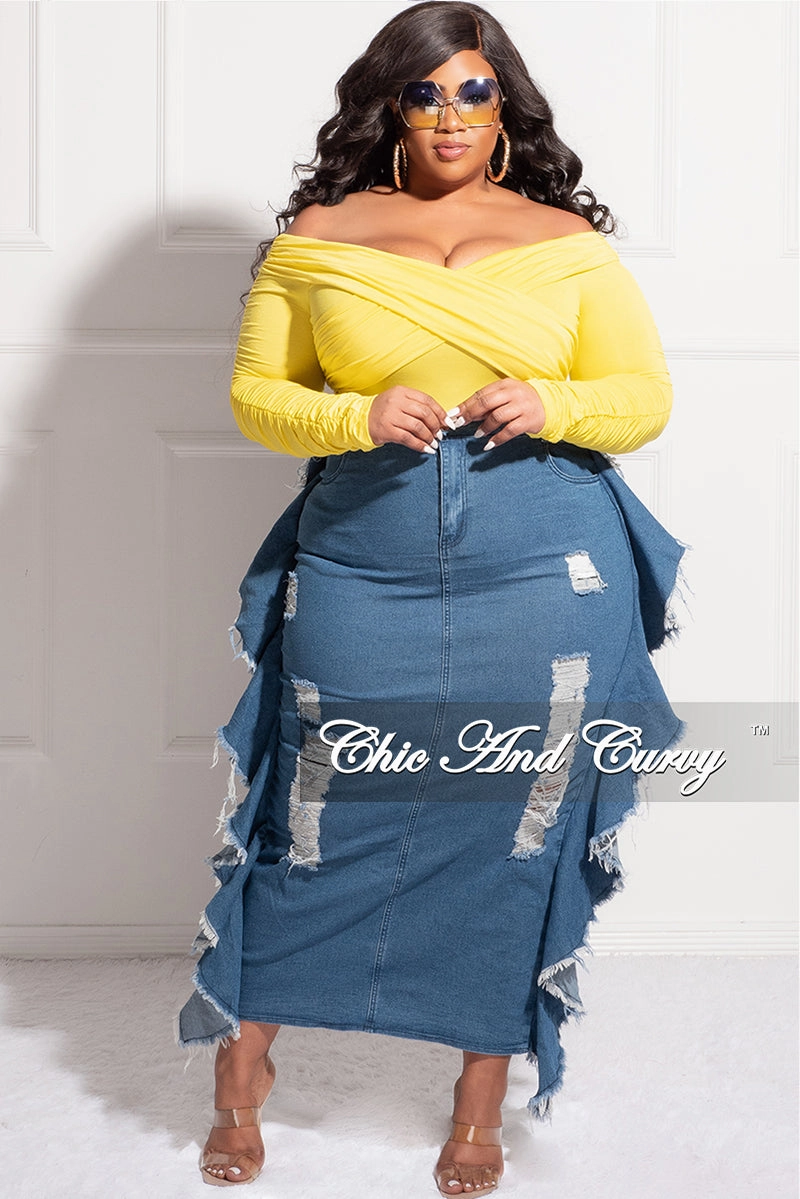 Final Sale Plus Size Off the Shoulder Criss-Cross BodySuit in Yellow Premium Quality Cozy Stretch