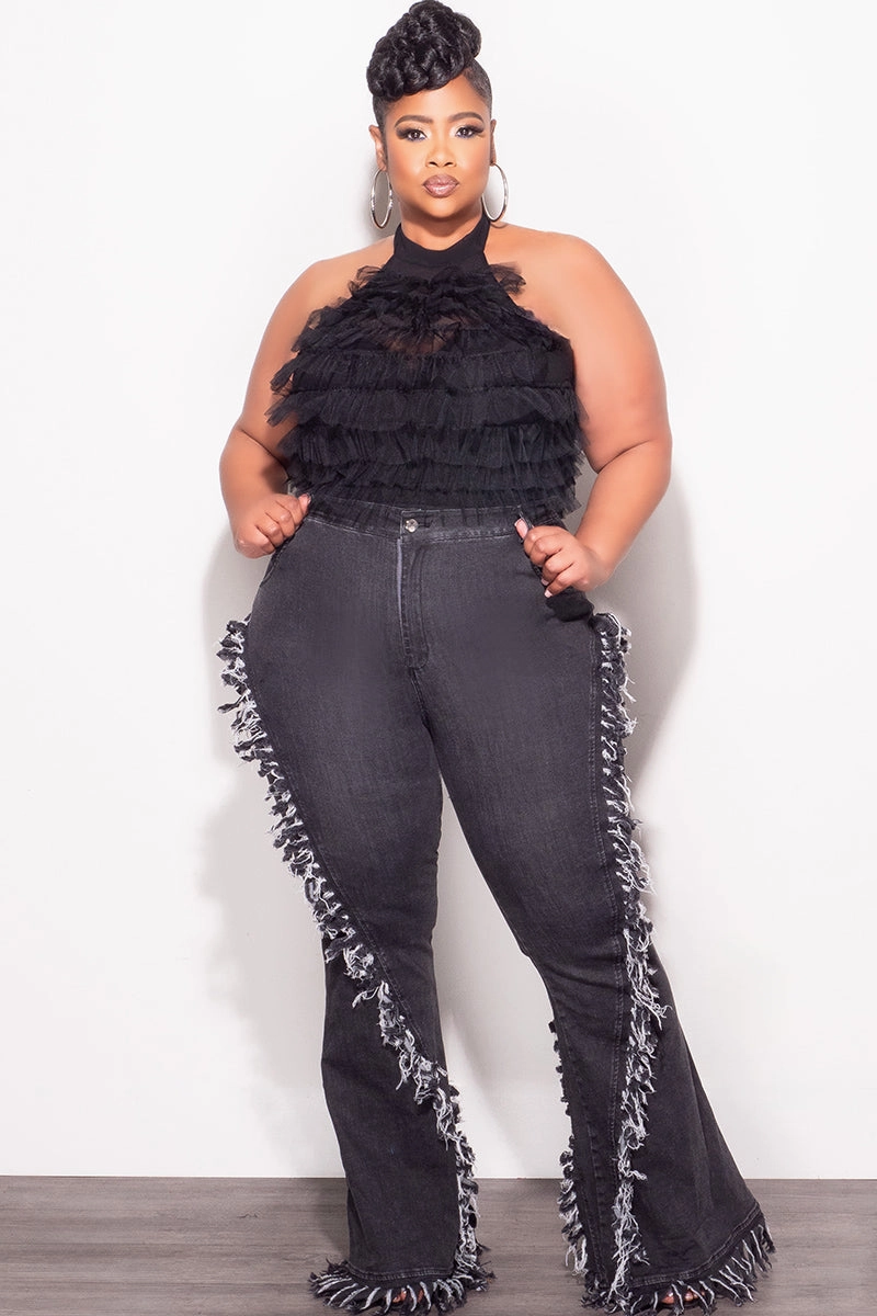 Final Sale Plus Size Sleeveless Cropped Halter Tulle & Mesh Top in Black Seam-Free Thermal Regulating