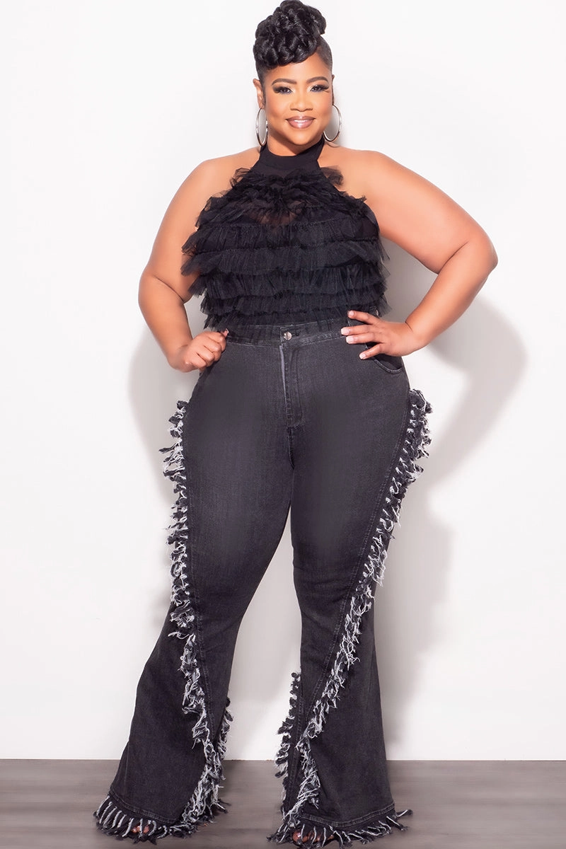 Final Sale Plus Size Sleeveless Cropped Halter Tulle & Mesh Top in Black MultiPocketSystem High Stretch Fit