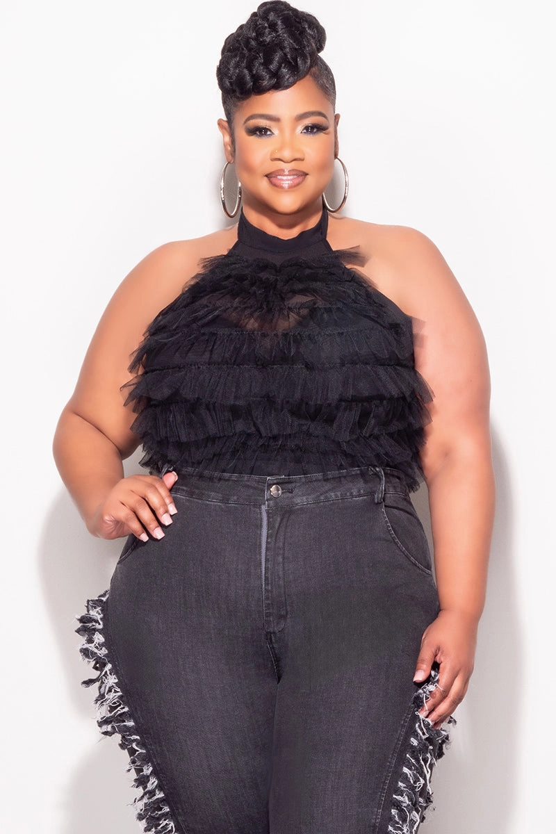 Final Sale Plus Size Sleeveless Cropped Halter Tulle & Mesh Top in Black Flat Lock Seams UVProtection