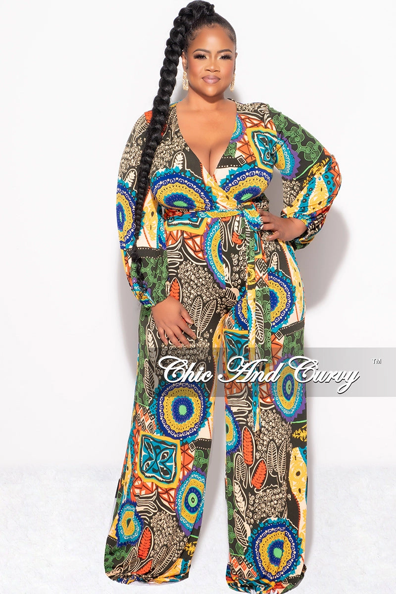Final Sale Plus Size Faux Wrap Jumpsuit with Waist Tie in Multi Color Design Print Everyday Essential