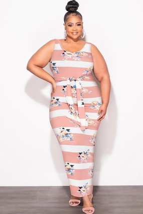 Final Sale Plus Size Sleeveless Maxi Dress with Waist Tie in Pink and White Stripe Floral Print Casual Style Comfy Ease
