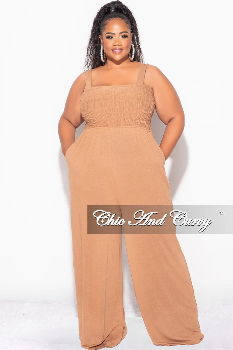 Casual Essentials Final Sale Plus Size Sleeveless Shirred Jumpsuit in Deep Camel