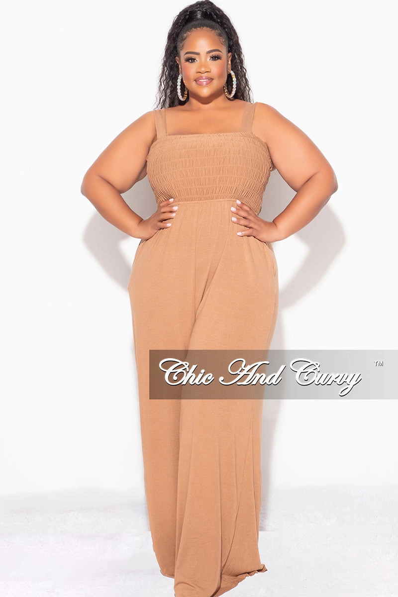 Final Sale Plus Size Sleeveless Shirred Jumpsuit in Deep Camel Curved Waistline Sport Performance Design