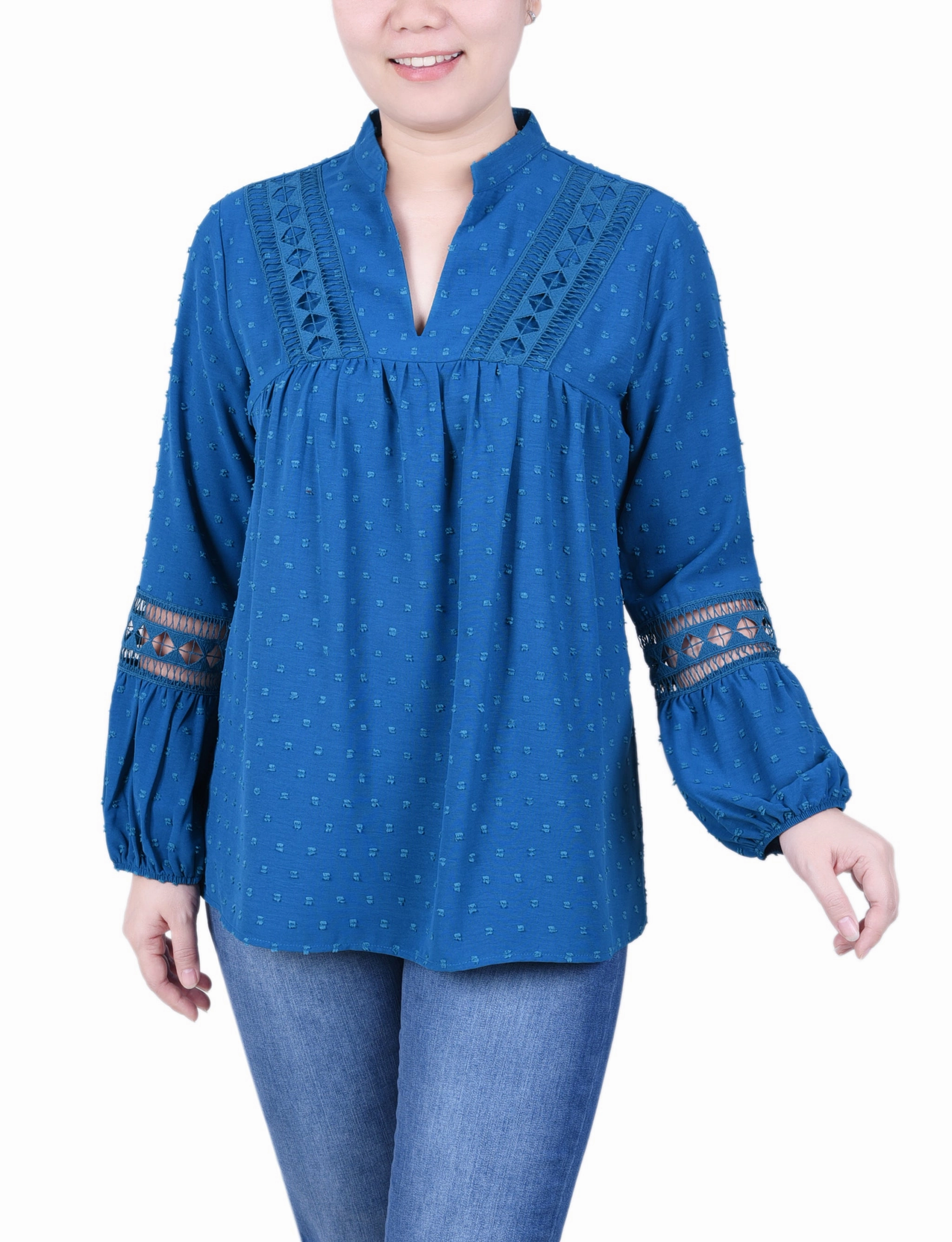 Long Sleeve Blouse With Crochet Trim Double Layered Hem Reinforcement NonIrritating Seams