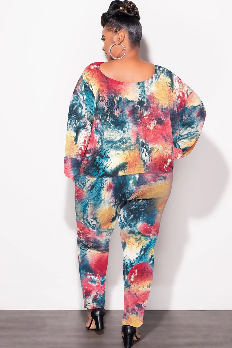 ExpandableSidePanels Stretch Waist Final Sale Plus Size 2 pc Set Top & Pants in Dark Multi-Colors