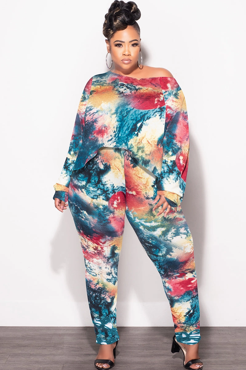Final Sale Plus Size 2 pc Set Top & Pants in Dark Multi-Colors Adjustable drawstring