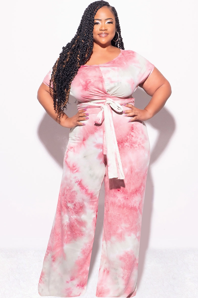 Final Sale Plus Size 2pc Short Sleeve Tie Top and Pants Set in Mauve and Grey Tie Dye Print Comfortable Design TaglessComfort