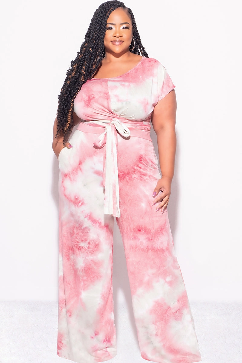 Versatile Wear Final Sale Plus Size 2pc Short Sleeve Tie Top and Pants Set in Mauve and Grey Tie Dye Print