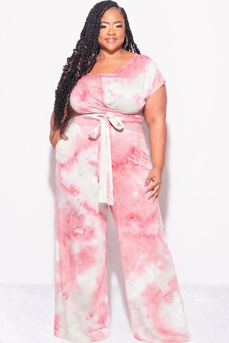 Comfort Base Final Sale Plus Size 2pc Short Sleeve Tie Top and Pants Set in Mauve and Grey Tie Dye Print