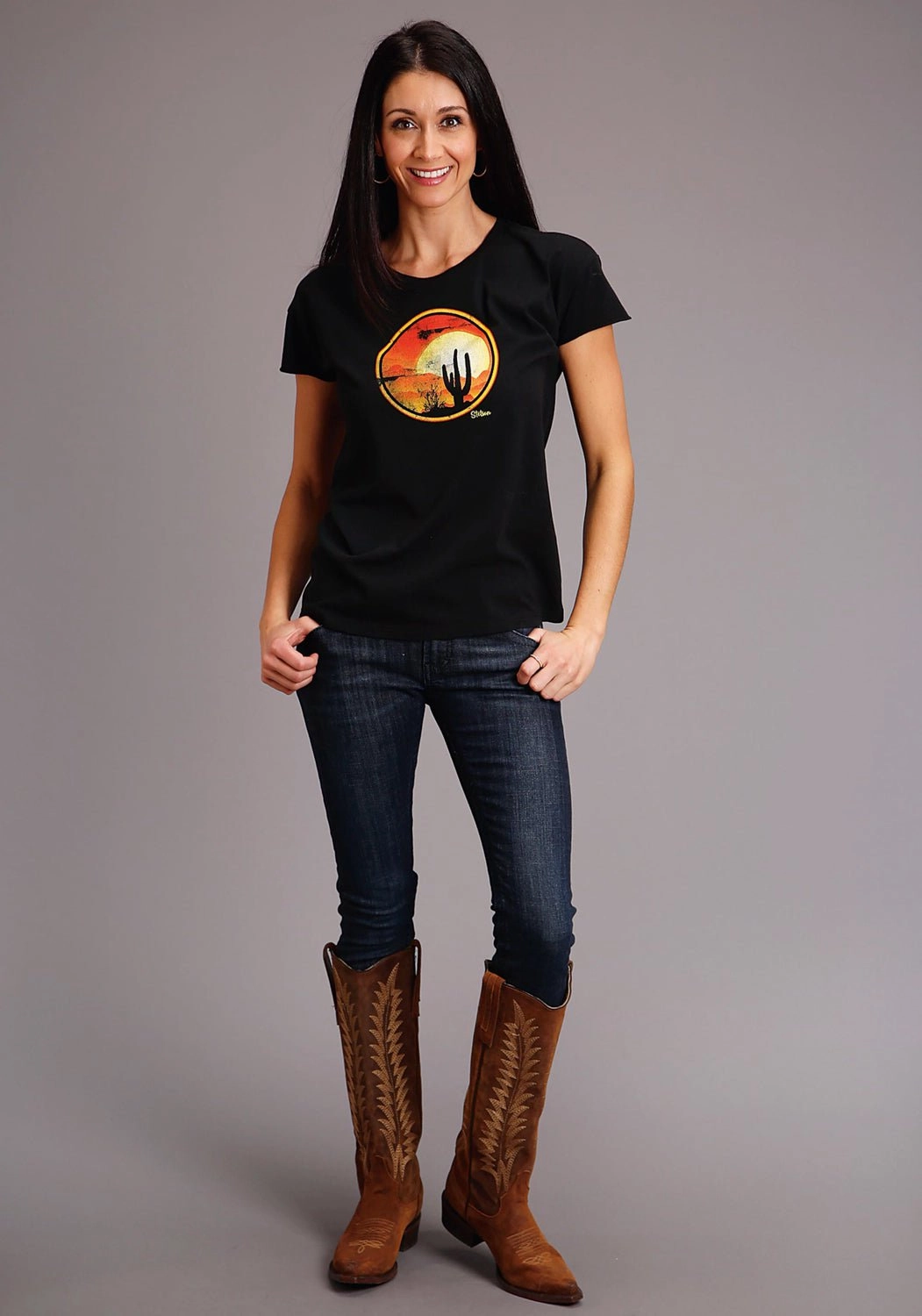 Active Wear Stetson Womens Black 100% Cotton Cactus/Red Sunset S/S T-Shirt