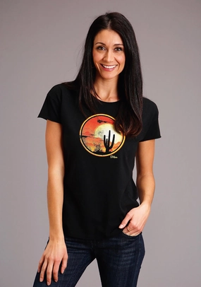 Stetson Womens Black 100% Cotton Cactus/Red Sunset S/S T-Shirt Workwear Essential Fitted Silhouette