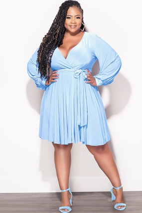 Final Sale Plus Size Long Sleeve Faux Wrap Skater Dress in Baby Blue Full Comfort