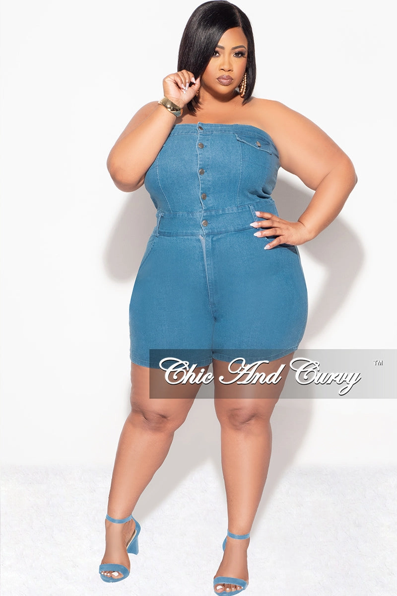 Final Sale Plus Size Strapless Button Up Romper in Denim LightweightComfort Elastic Free Cuffs