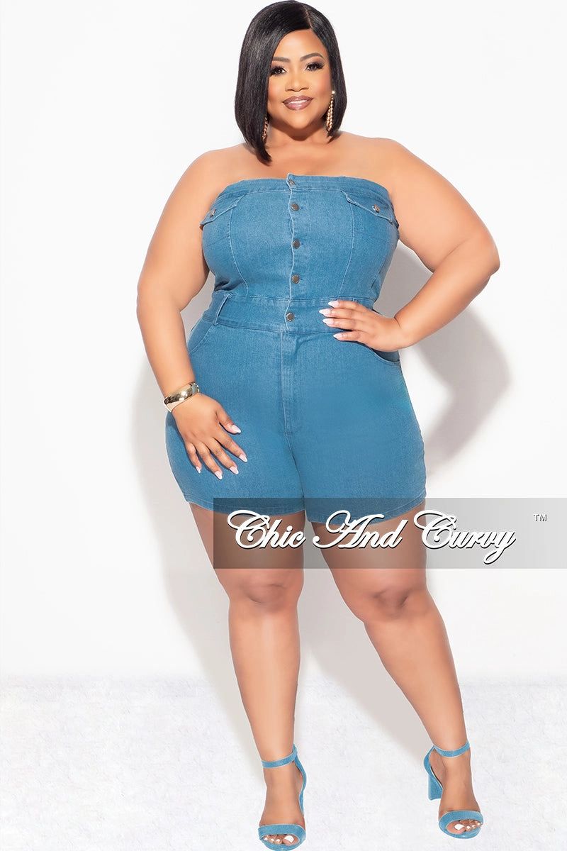 Rubberized Hem UVProtectiveLayer Final Sale Plus Size Strapless Button Up Romper in Denim