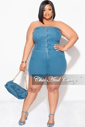 Final Sale Plus Size Strapless Button Up Romper in Denim All weather