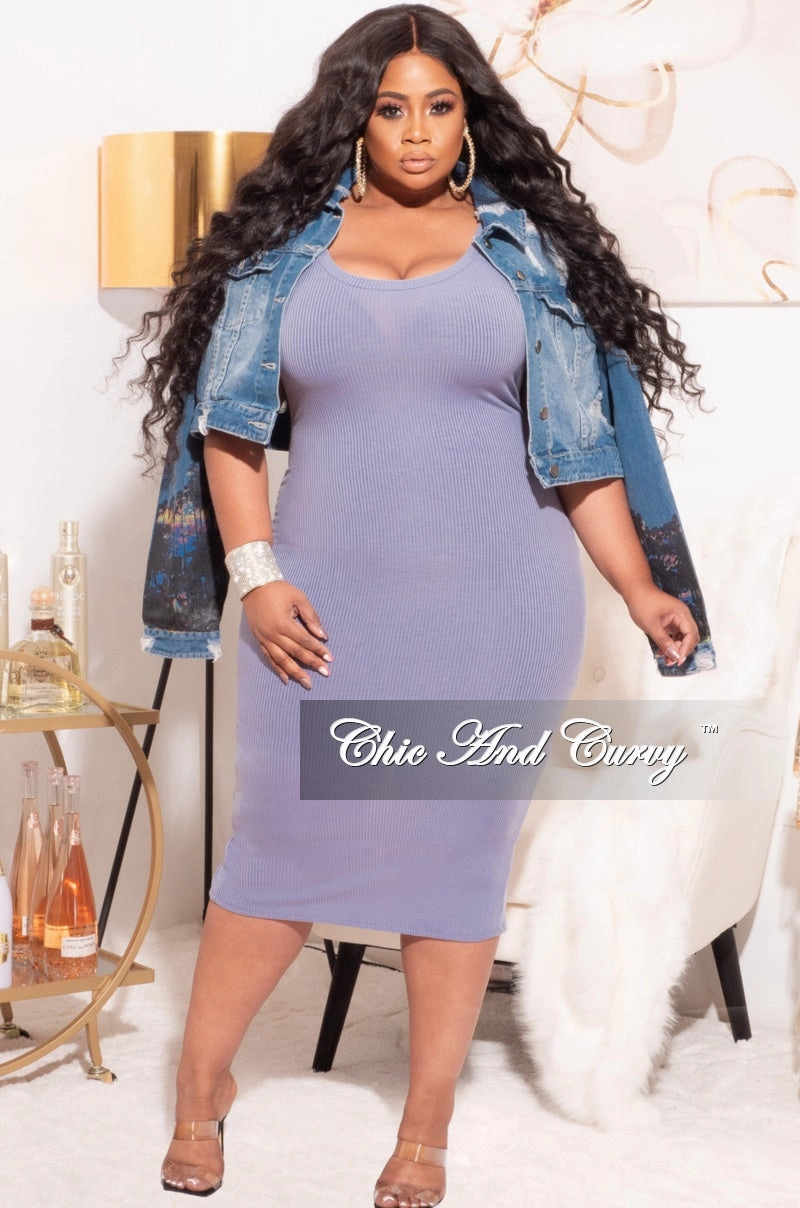 Final Sale Plus Size Ribbed BodyCon Tank Dress in Blue Lilac TaglessDesign Full Motion