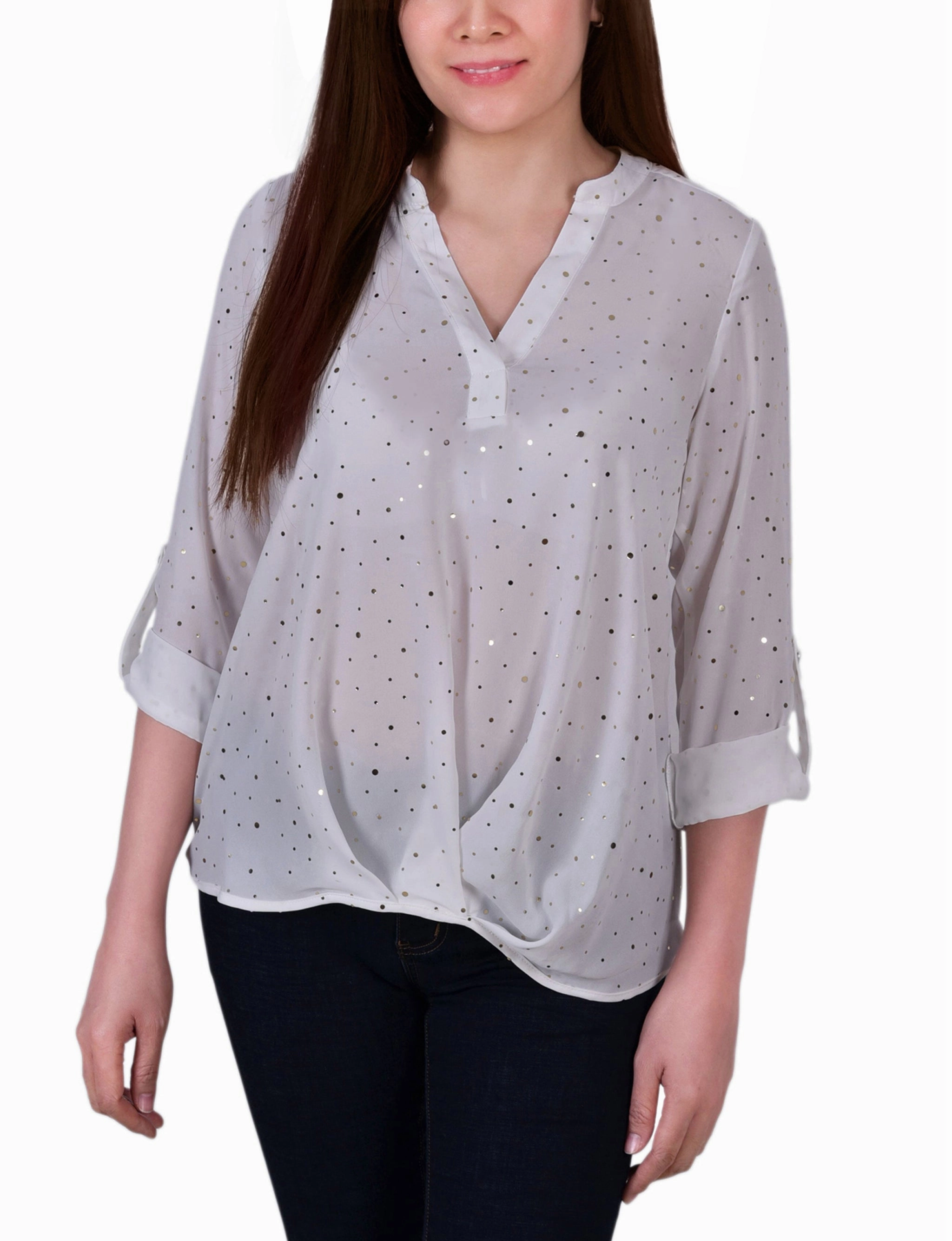 StainResistantFinish Ergonomic Shoulder Shape 3/4 Sleeve Metallic Dot Blouse
