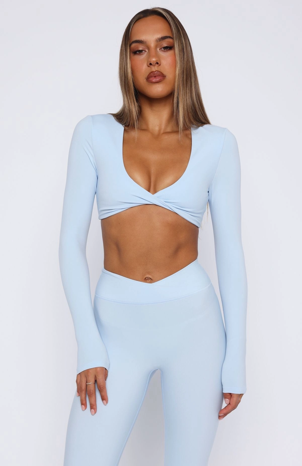 Over The Line Long Sleeve Crop Baby Blue Sporty Blouse